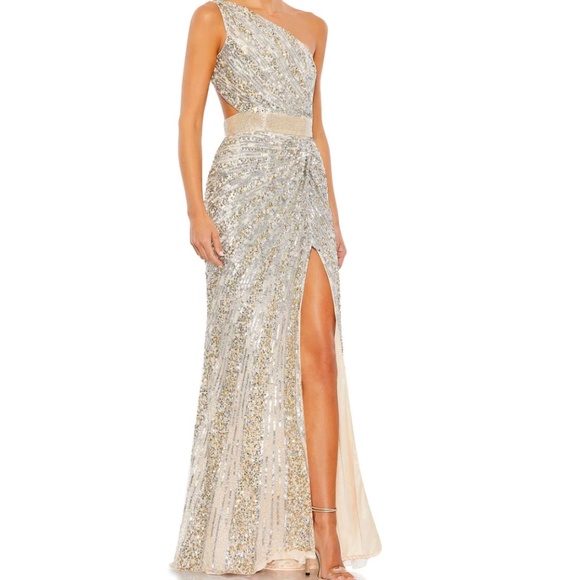 Mac Duggal Sequined One Shoulder Draped Lace Up Gown Nude/Silver Size 8 NWT - Picture 1 of 12